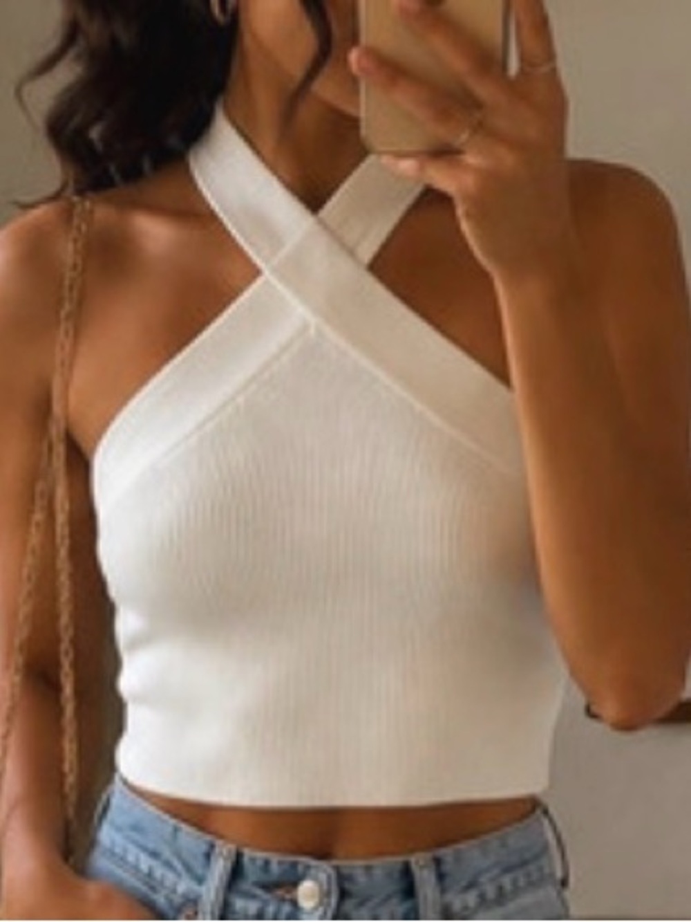 Forever 21 White Cross-Halter Ribbed Crop Top-Small